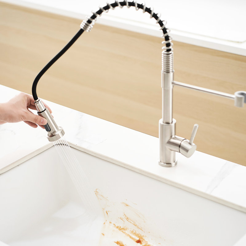 Robinet de cuisine classique avec tirette, nickel brossé, acier inoxydable, poignée simple, Nickel brossé