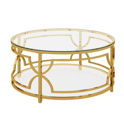 Round Tempered Glass Coffee Table In 30.7",Luxurious Geometric Metal Frame,Gold Finish & Lower Shelf, Transparent