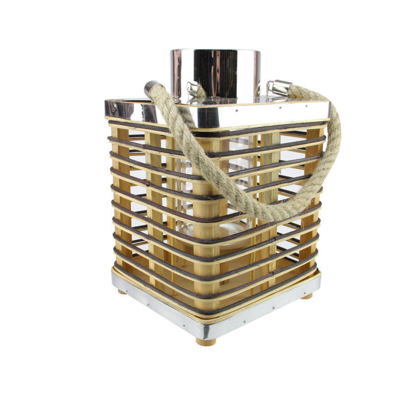 Rustic Rectangular Rattan Candle Lantern with Jute Handle