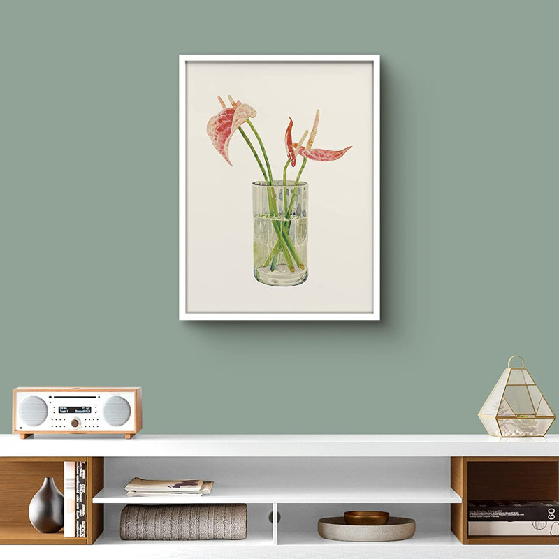 Fleurs rouges d'anthurium dans un vase - peinture encadrée, Blanc