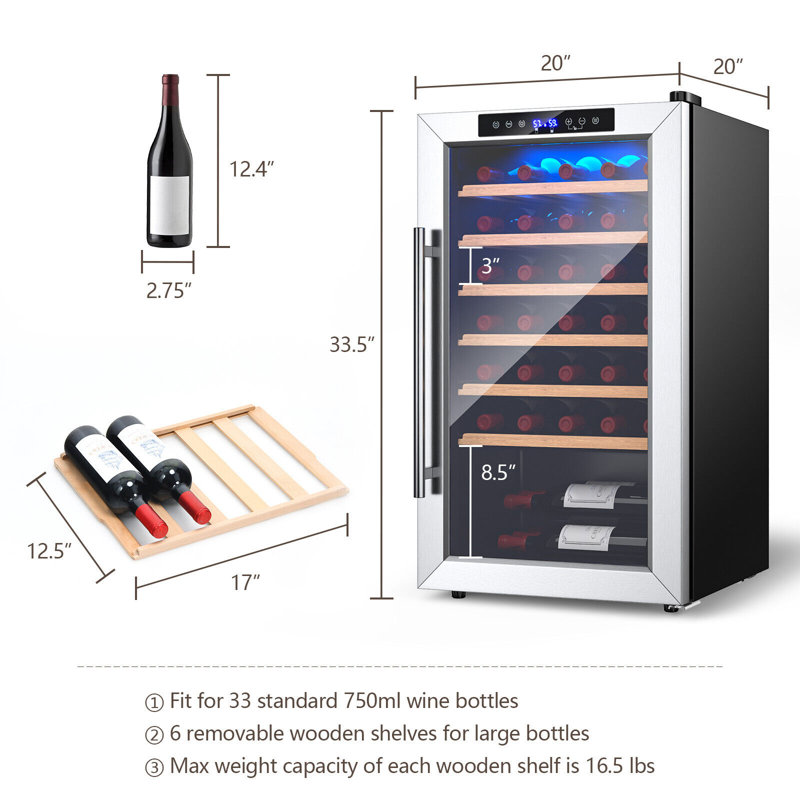 Réfrigérateur à vin 20 pouces pour 33 bouteilles et porte en verre trempé