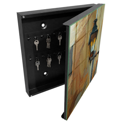 Key box for home, Opens to the left, 30x30x5, Black, Retro street lamp on a warm background, 