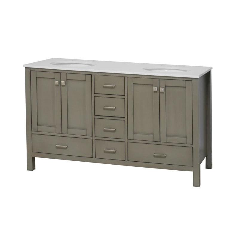 Claudett 60'' Double Bathroom Vanity with Top, Weathered Gray, Engineered White
