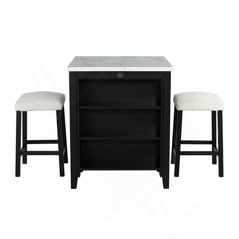 Table de salle à manger noire avec tablettes latérales de rangement et tabourets ultra brillants, ensemble de salle à manger 3 pièces blanc / ivoire