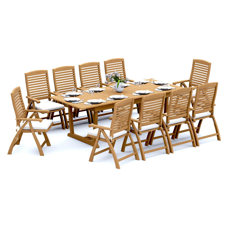 7 Pcs Grade-A Teak Wood Dining Set: 94" Double Extension Mas Rectangle Trestle Leg  Table  Ashely Folding Reclining Arm Chairs #11AS2106