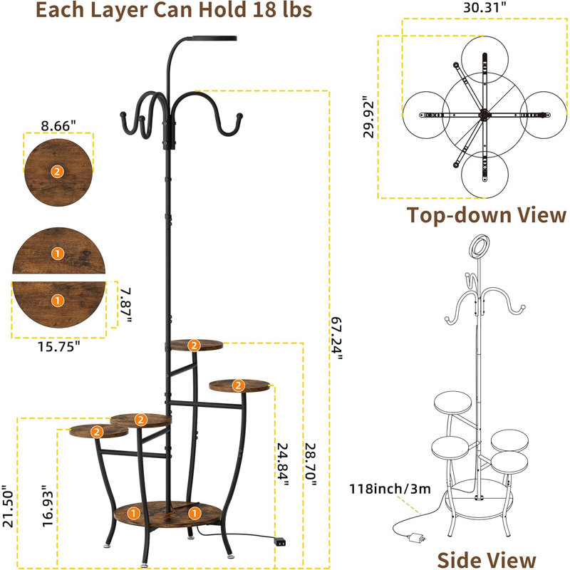Support pour plante d'intérieur avec culture de lumière - 72 po de hauteur pour plante d'intérieur