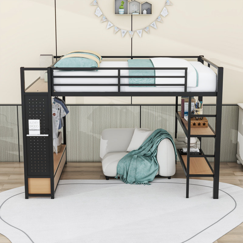 Lit mezzanine à deux tiroirs en métal avec tablettes de rangement et garde-robe, Grand