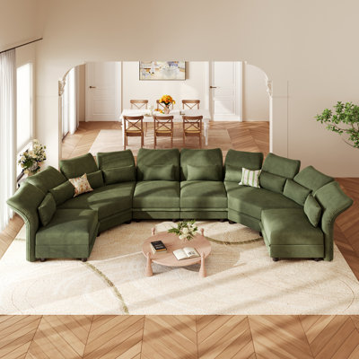 U-Shaped Plush Large  Upholstered Modular Sectional Couches With Storage, 7 Seat  Corduroy  Sofa With Adjustable Arms Backs,Plush Supportive Cushions, Green
