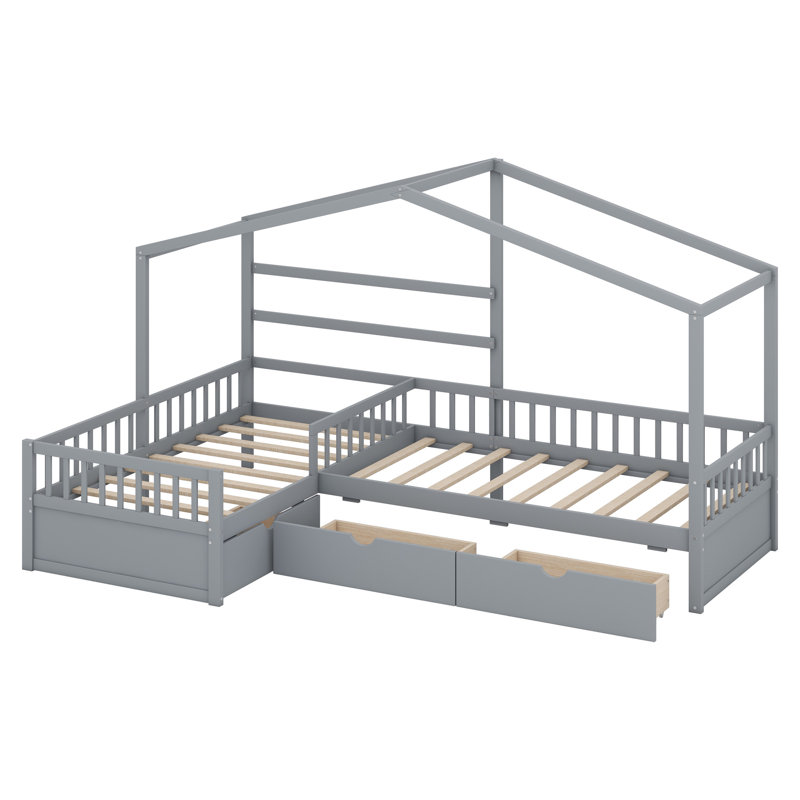 Lit plateforme House avec trois tiroirs de rangement, Gris