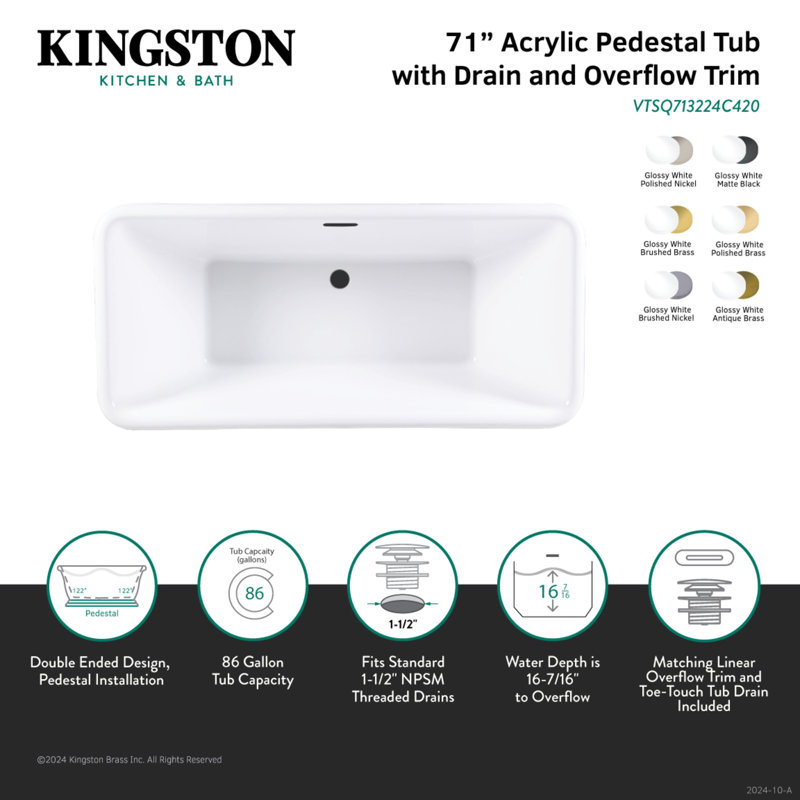 Kingston Brass Aqua Eden 71-Inch Acrylic Oval Rectangular Double Ended Pedestal Tub with Drain (No Faucet Drillings)