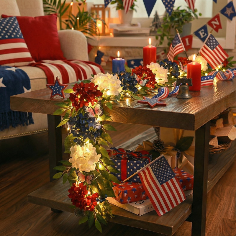 Valery Madelyn 9FT Patriotic Hydrangeas Garland with Lights for Mantle, Red White Blue Summer Floral Daisy Garland with Eucalyptus Leaves Butterfly for 4th of July Independence Day Decor
