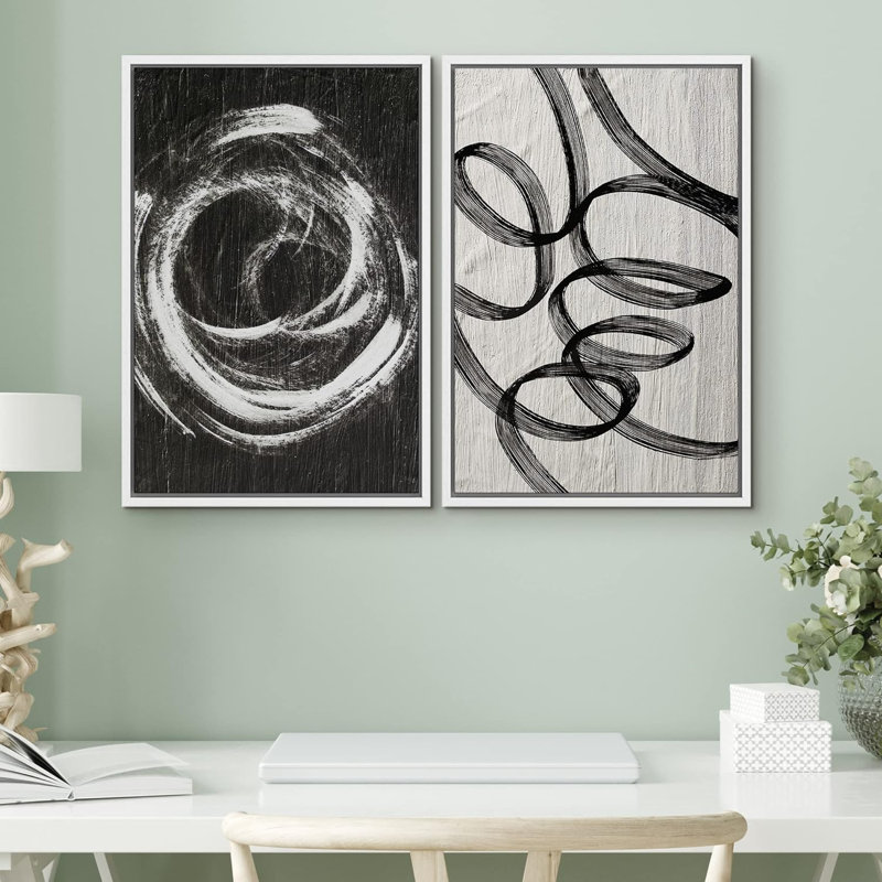 "Motif géométrique abstrait rétro de formes géométriques neutres et décoratives nordiques" - 2 pièces sur toile, Cadre blanc