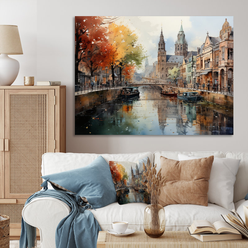 " Beige Canal Urban Reflections Cityscape " Watercolor Print, 24" H x 32" W x 1" D, Wrapped Canvas