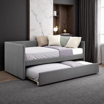 Lit de jour de 81 po avec couchette - tissu d'ameublement gris, structure en bois, conception moderne - lit gigogne simple coulissant, aucun sommier nécessaire - canapé-lit peu encombrant pour chambre d'amis, salon ou bureau personnel
