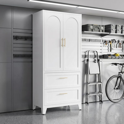 71" H Steel Garage Storage Cabinet with 2 Drawers and Hanging Rod, Bright White