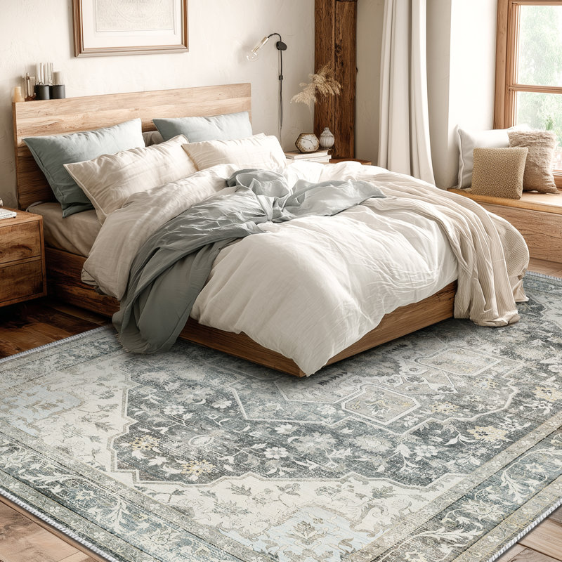 Oriental Persian Border Washed Performance Machine Washable Non Slip Area Rug, Rectangle 9' x 12'