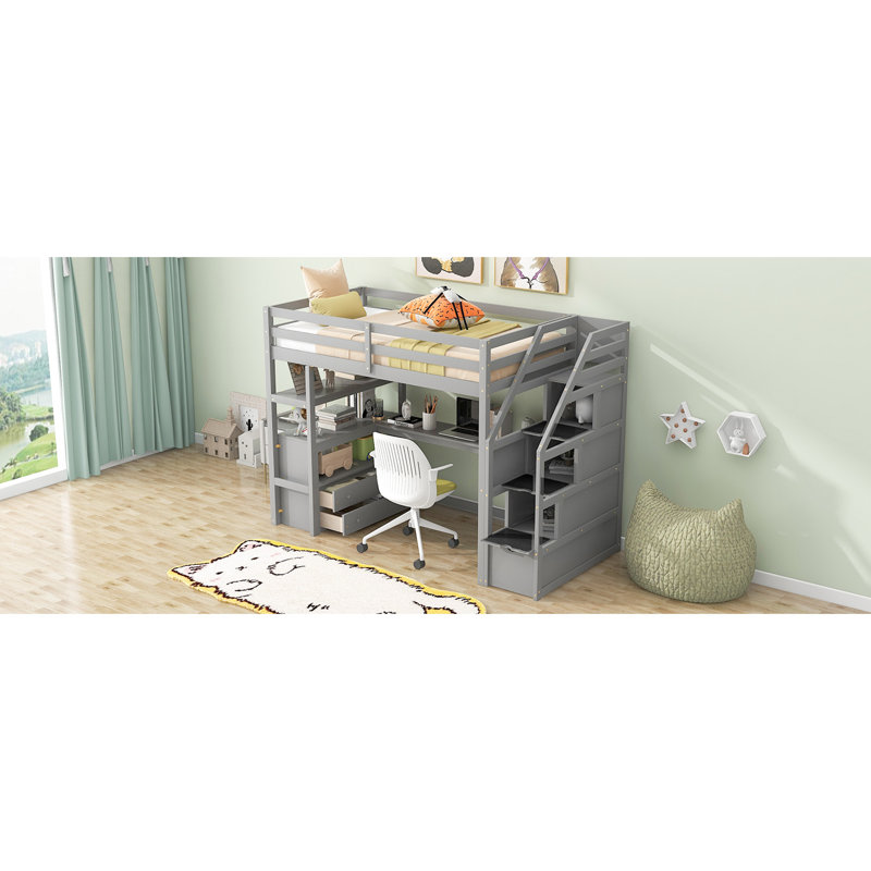 Gray Twin Size Loft Bed With Desk, Shelves, And Drawer Storage Practical Design, Gray, Twin