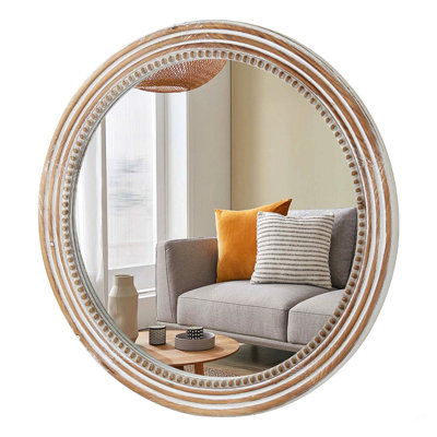 Rustic Round Wall Mirror, 27.56 Inches Wood Circle Mirror with Beads, Decorative Farmhouse Mirror for Living Room, Bedroom, Kitchen, Entryway (White)