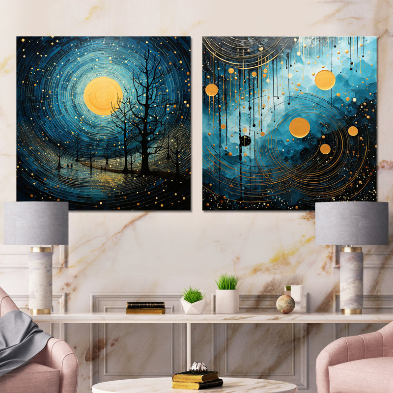 Ensemble de 2 collages carrés sarcelle et noir Minimalisme lune - formes abstraites, H 16 po x l 33 po, Toile tendue