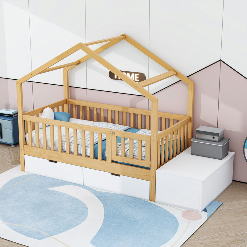Lit pour tout-petit avec barrière, commode de rangement et tiroirs Wodoen