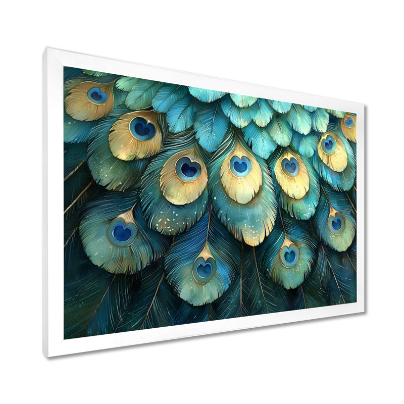 Collage de plumes de paon bleu et vert Grinstead II - oiseau, art mural, Cadre simple, H 12 po x l 20 po, Blanc
