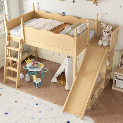 Loft Bed With Storage Shelves And Wardrobe, Solid Wood Frame, Detachable Slide, No Box Spring Needed