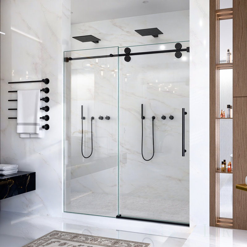 Porte de douche coulissante simple sans cadre l 56 à 60 po x H 72 po - verre trempé transparent de 5/16 po (8 mm), conception de dérivation, porte de douche