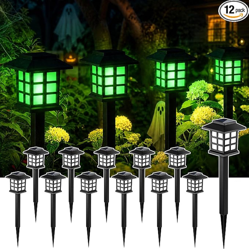 Paquet de 12 lumières de chemin solaire vertes d'Halloween, décorations de jardin extérieures imperméables à DEL