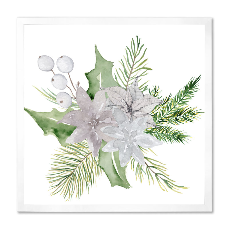 Bouquet de Noël floral avec coton, branches I - reproduction d'art sur toile traditionnelle, H 30 po x l 30 po