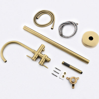 Robinet de baignoire autoportant en or brossé avec douchette en céramique, aspect antique, douche à cartouche dans la poignée, robinet à 1 trou, style classique