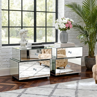Table de chevet asymétrique 2 pièces avec miroir, entièrement assemblée, style glamour contemporain à 2 tiroirs