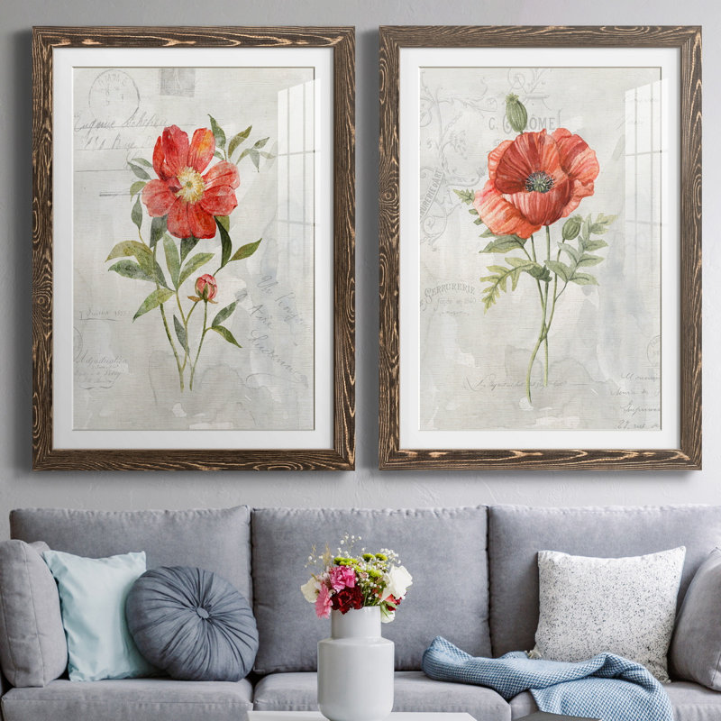 Lin pivoine - ensemble de 2 reproductions d'art, H 37,5 po x l 55 po x P 1,5 po, Papier, cadre noyer, Blanc
