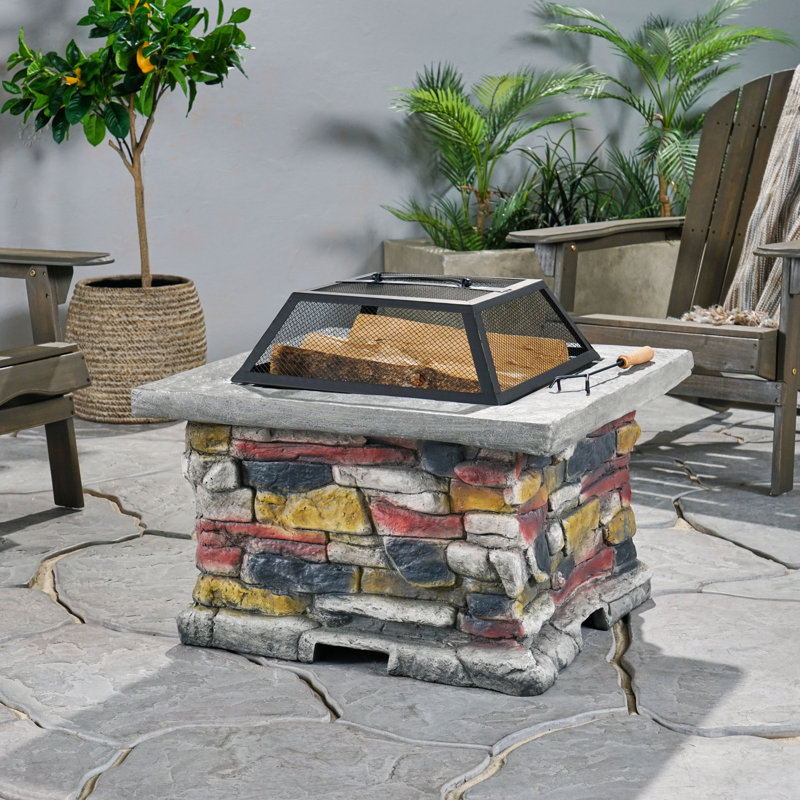 Tundra 28" Concrete & Steel Outdoor Fire Pit Table with Lid – Stone Gray, Weather-Resistant Patio Heater for Backyard Gatherings