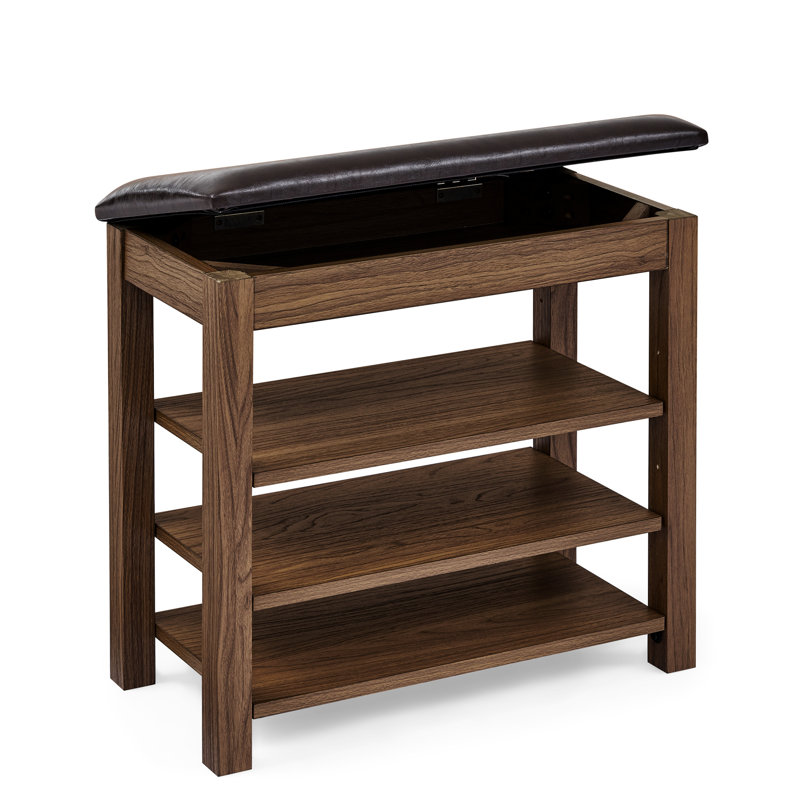 Tabouret confortable à hauteur réglable, bois d'hévéa brun, cuir, espace de rangement et banc pratique, hauteur réglable, trois niveaux de ventilation