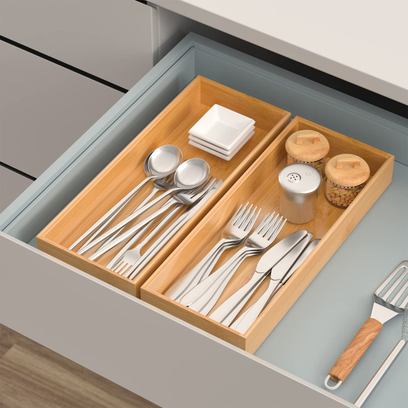 Organisateur de tiroir en bambou, organisateur d'ustensiles empilable pour la cuisine, boîte de rangement en bambou, plateau en argent pour tiroir 15 "x 6" x 2 "