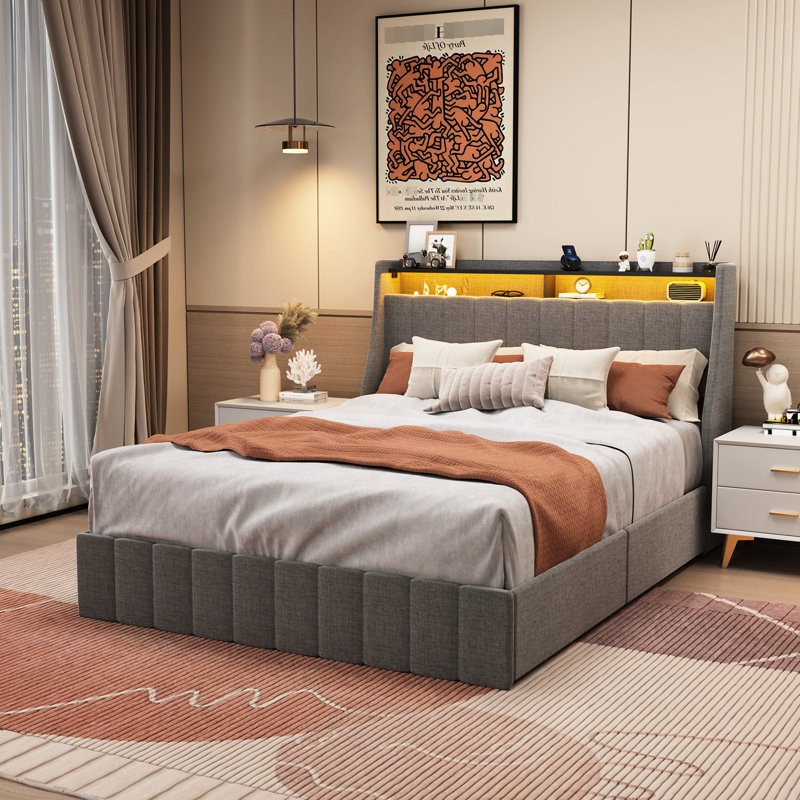 Grand lit avec lumières à DEL et cadre de rangement efficace, 4 tiroirs de grande capacité, gris