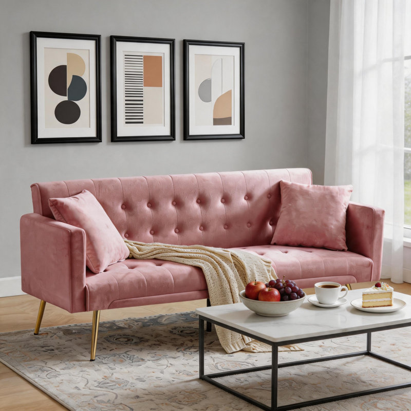 Pink Velvet Convertible Futon Sofa Bed, Tufted Sleeper Couch with Gold Legs for Living Room
