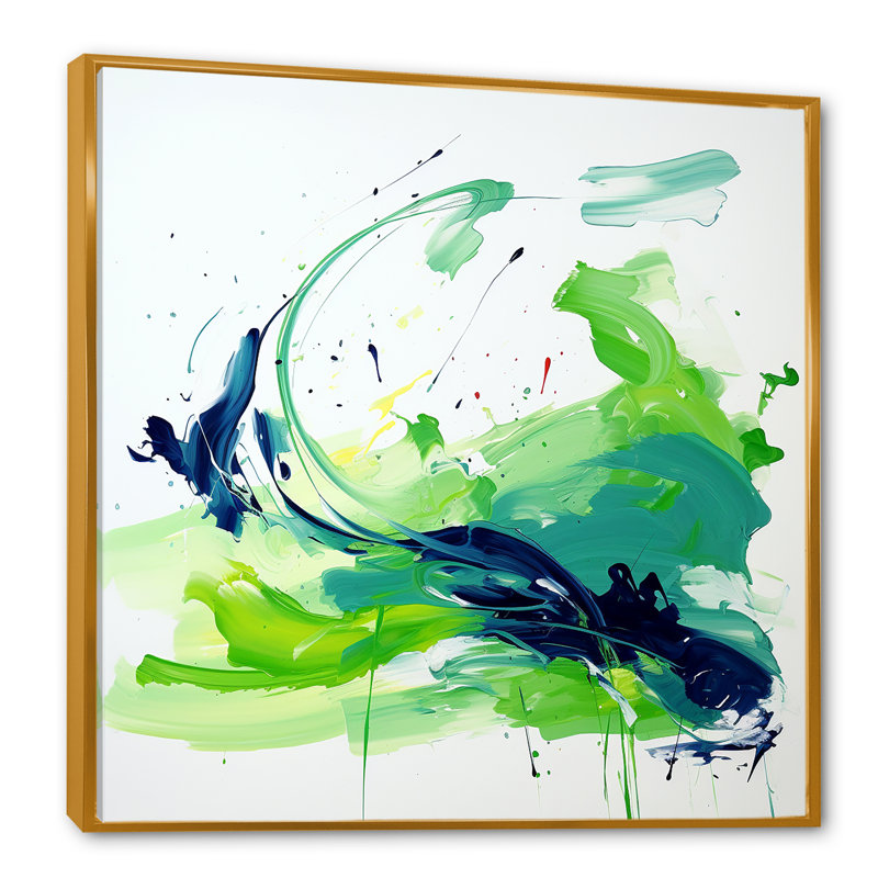 Vert et bleu surréel tourbillon charme III - impression d'art abstrait mural, Cadre flottant doré, H 16 po x l 16 po x P 1 po