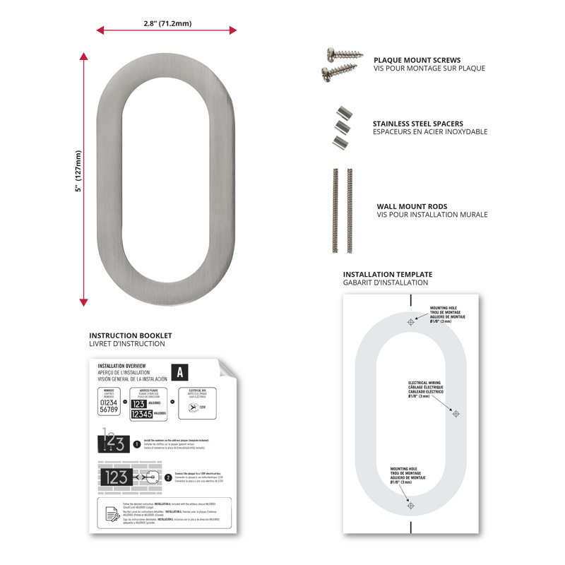 LED Backlit Illuminated Floating 5'' House Number, #0, Satin Nickel
