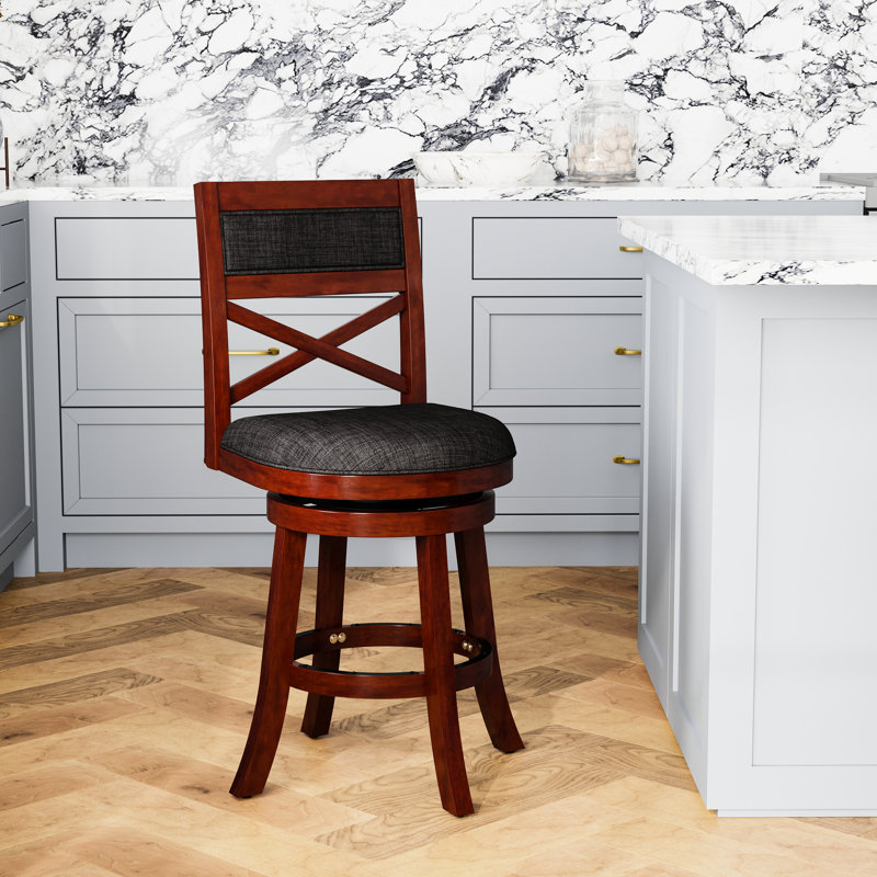 Tabouret pivotant à hauteur de comptoir séduisant de 24 po, cerisier, assise en tissu gris anthracite. Siège. Bois franc massif. Rotation à 360 degrés. Rembourrage en mousse confortable. Pieds évasés
