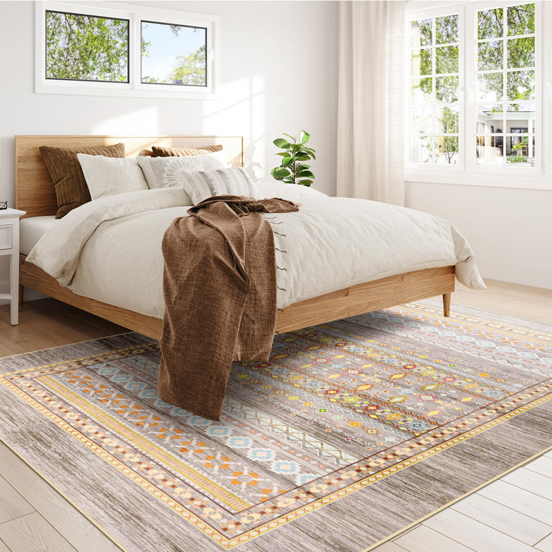 Groner Machine Washable Moroccan Area Rug Aztec Geometric Carpet With Non-Slip Backing, Rectangle 4' x 6'