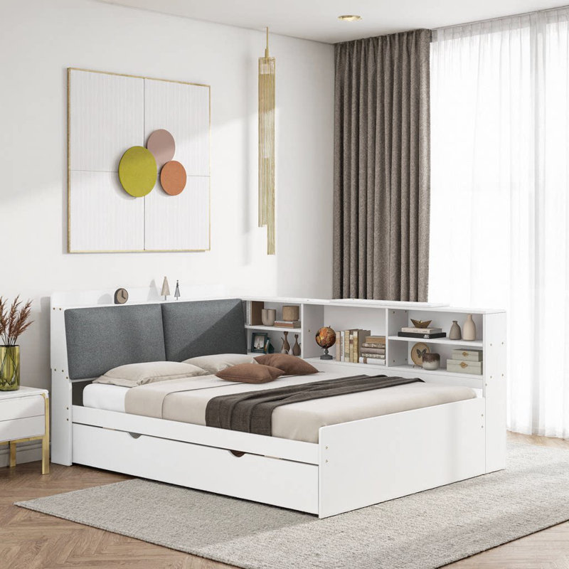 Lit plateforme blanc avec rangement gigogne, tête de lit et espace sous le lit Baxter, Blanc