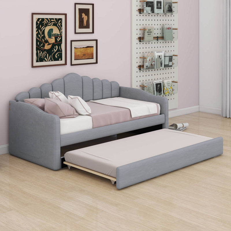 Twin Size Upholstered Daybed With Trundle,Velvet Sofabed With USB & Type-C Charging Ports, Side Storage Bag, No Box-Spring Needed