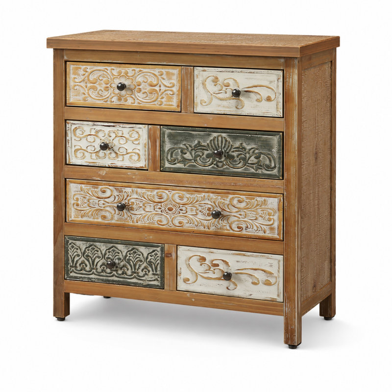 Commode décorative à 7 tiroirs de 25,6 po de largeur avec façades de tiroir sculptées patinées