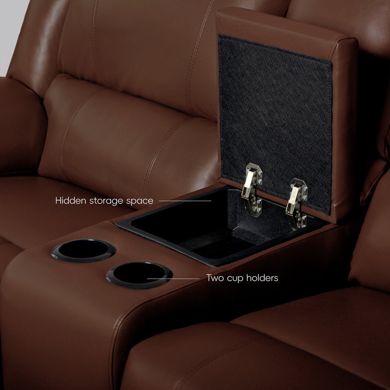 109"Modern Contemporary Faux Leather Sectional Couchwith Storage & Cup Holder, Reddish Brown Faux Leather