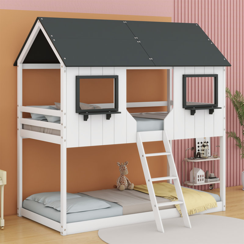 Beaman Kids Twin Over Twin Bunk Bed, White/Grey