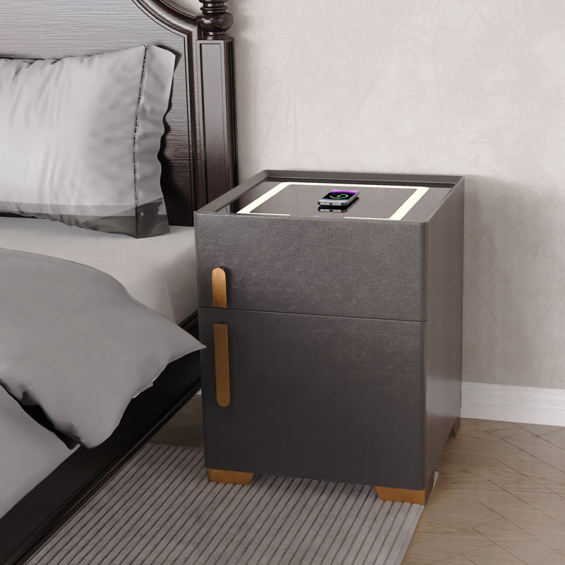 Modern Nightstand With Safe Box And Led Lights And Wireless Charge, Dark Gray