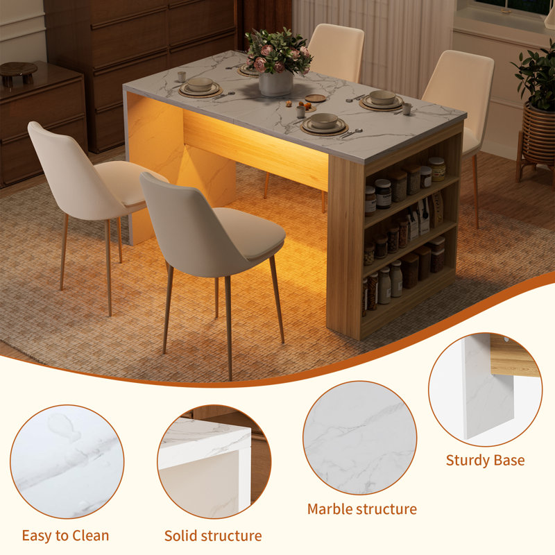 61" Kitchen Island With Imitation Marble Top, Rectangular Dining Table With Storage Shelves, Power Outlets & Adjustable LED Light for Modern Farmhouse & Open-Concept Kitchens