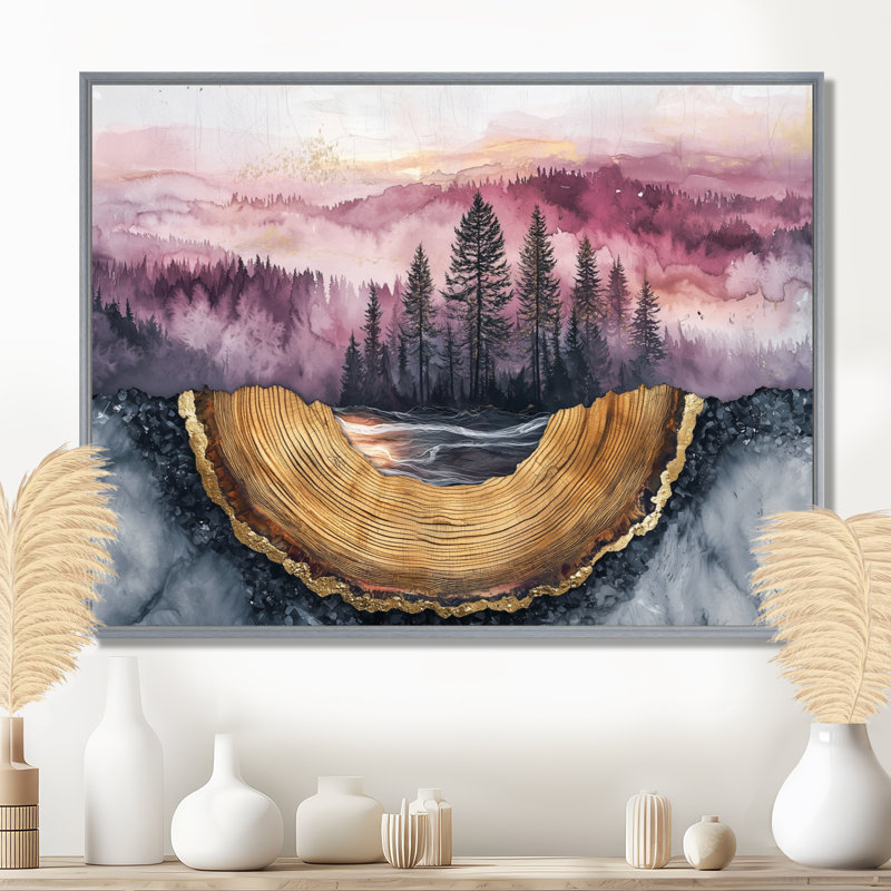 Forêt, rivière, améthyste, cristal IV - forêt, art mural, H 12 po x l 20 po, Cadre flottant, Argent argent