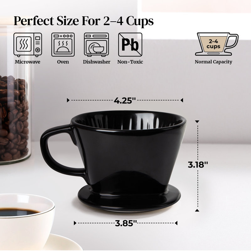 4.3" Ceramic Coffee Dripper, Glossy Black Pour Over Coffee Filter With 3-Hole Design & Internal Ridges, Food-Safe Ceramic, 1-2 Cups Capacity